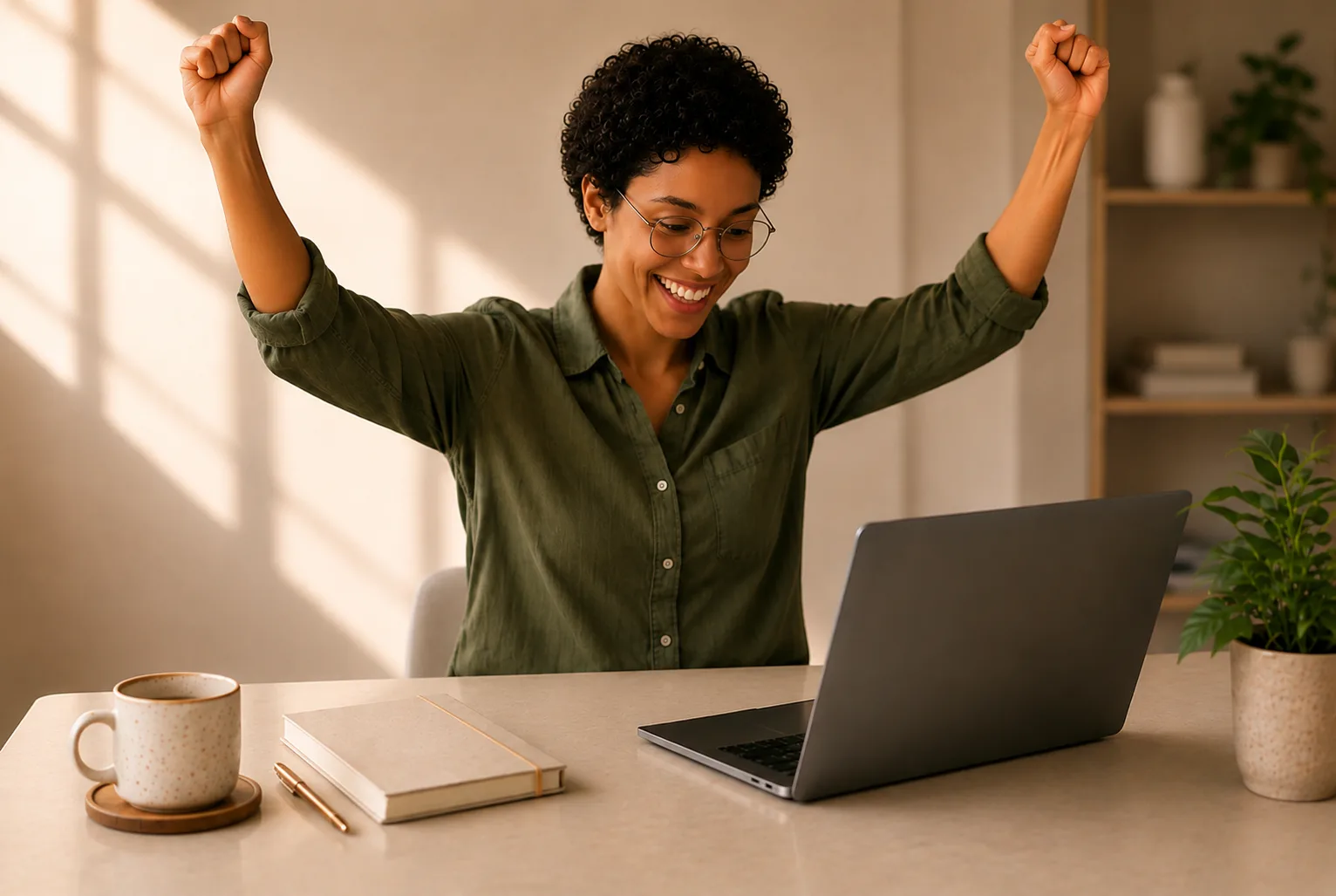 A smiling woman cheering at her laptop with raised fists in a sunlit home office