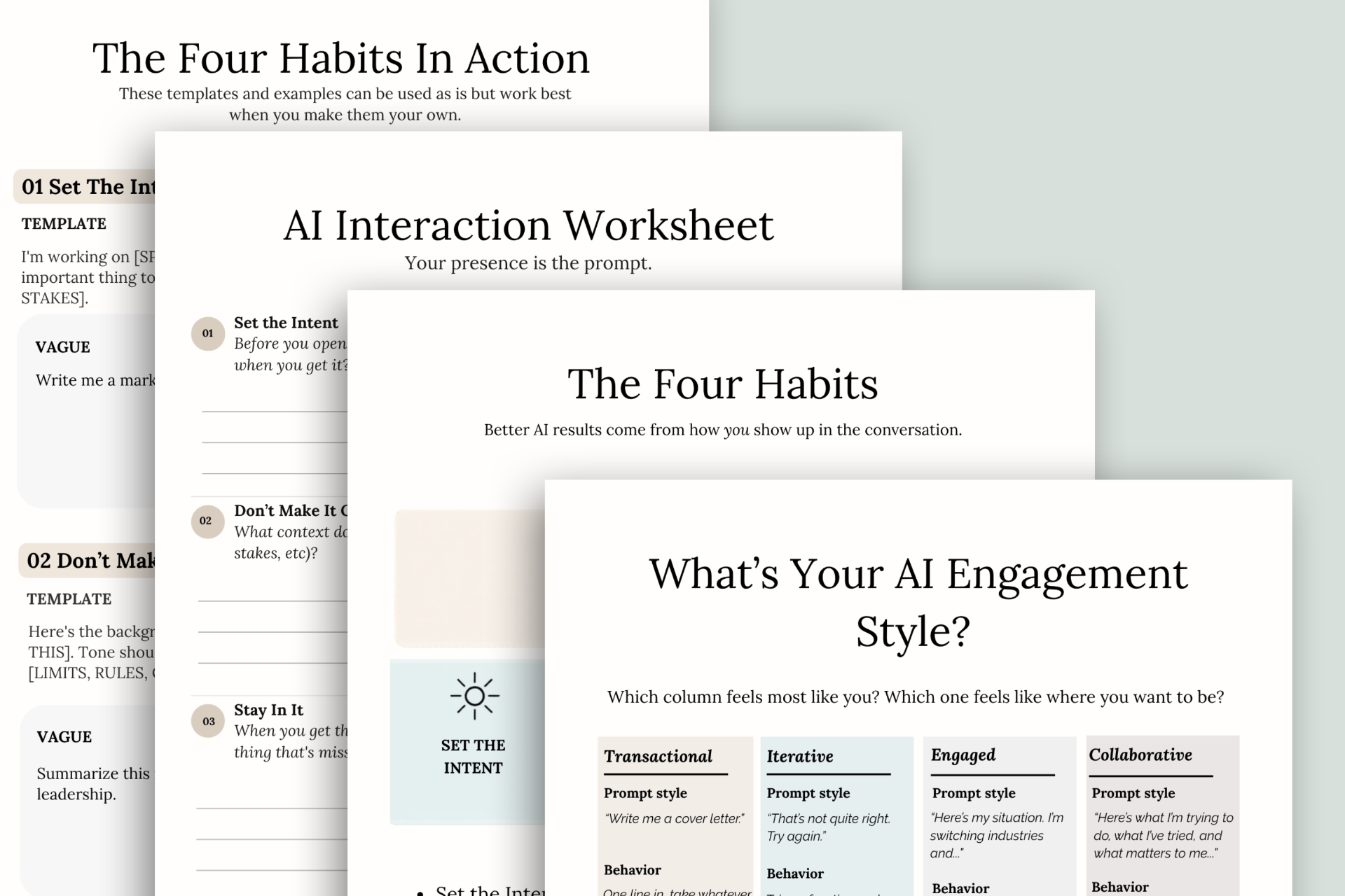 Pages from the Your Presence Is the Prompt toolkit fanned out